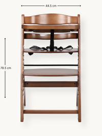 Front view of walnut wood high chair with dimension annotations: 44.5 cm wide, 78.5 cm tall, black safety harness visible…
