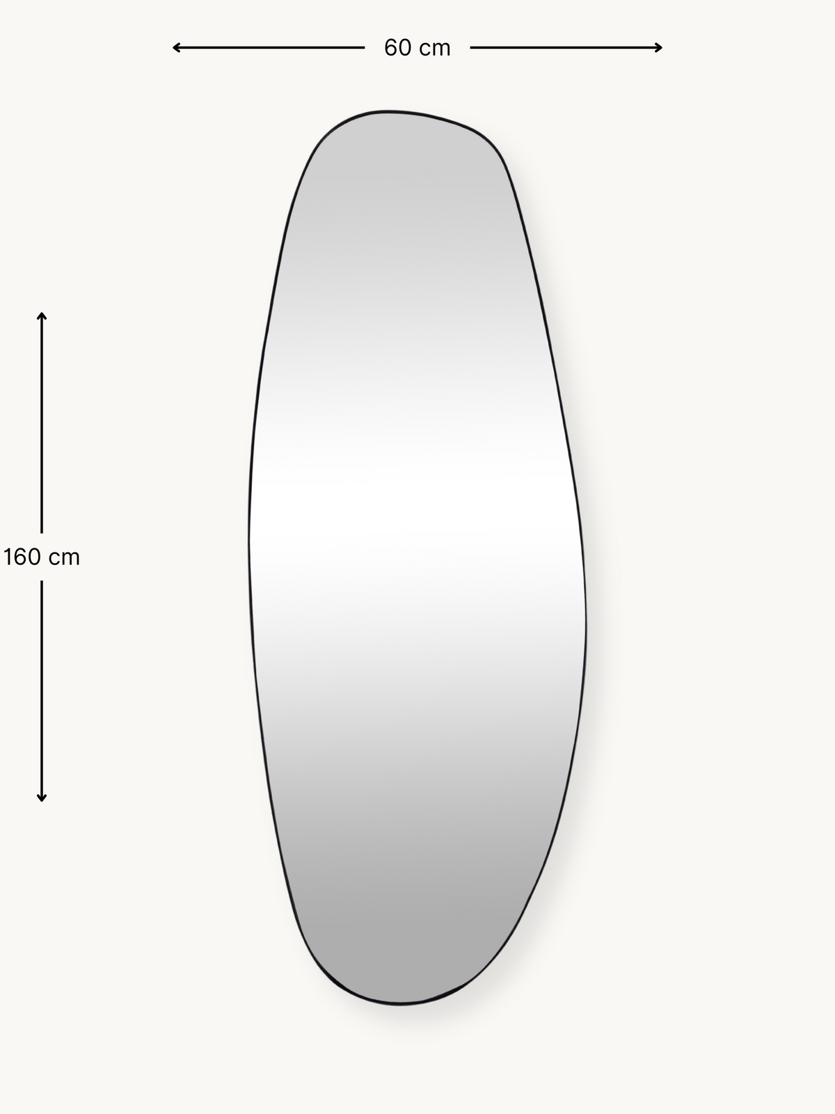Dimension diagram of Rafael organic mirror showing 60 cm width and 160 cm height with measurement arrows