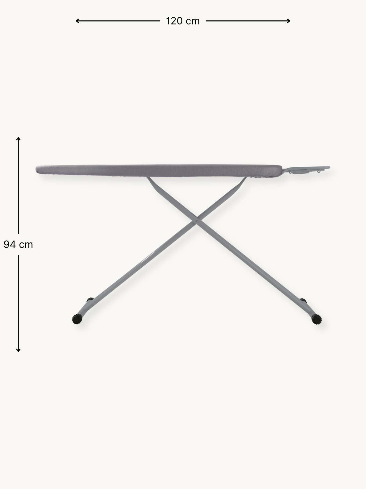 Grey ironing board shown side-on with dimension annotations: 120 cm length and 94 cm height, X-frame steel legs, rubber feet