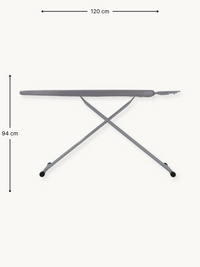 Grey ironing board shown side-on with dimension annotations: 120 cm length and 94 cm height, X-frame steel legs, rubber feet
