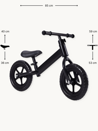 Black kids balance bike dimensions diagram showing 85 cm length, saddle range 36–40 cm, and handlebar range 53–59 cm
