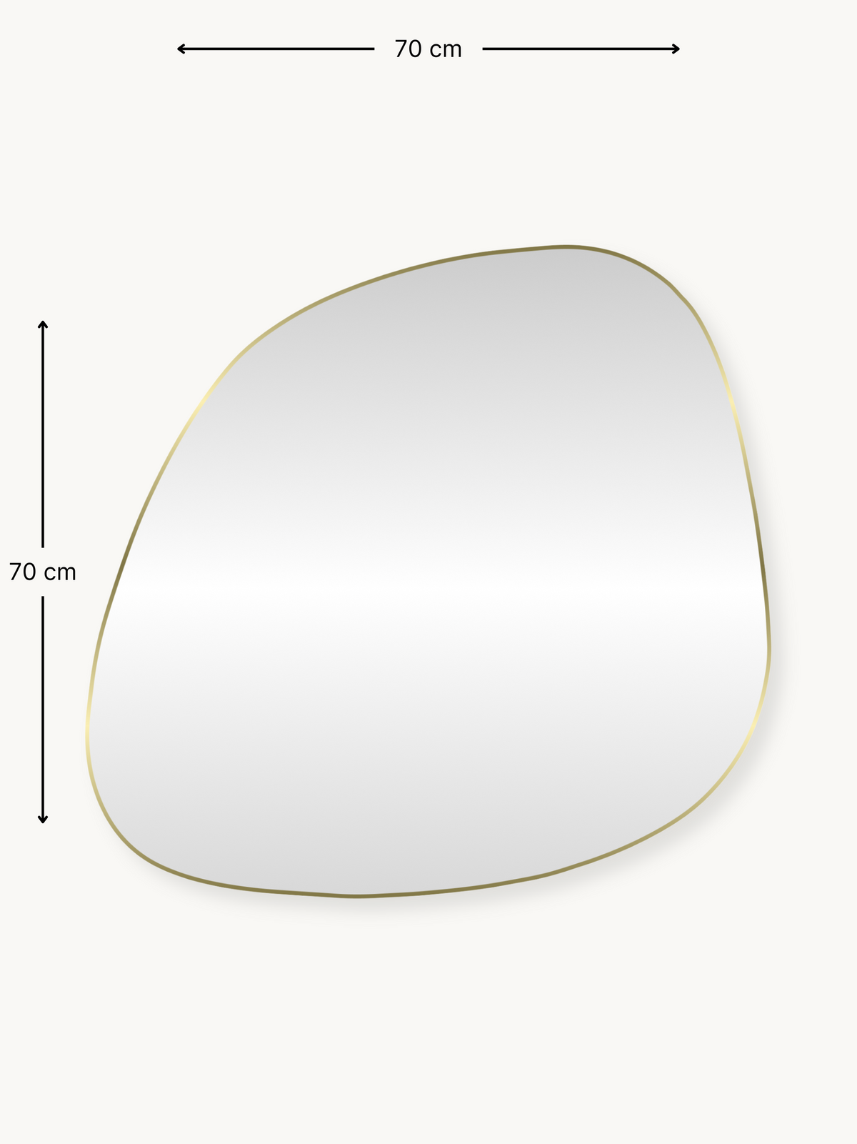 Alaric organic wall mirror size diagram showing 70 cm width and 70 cm height with thin gold PVC frame