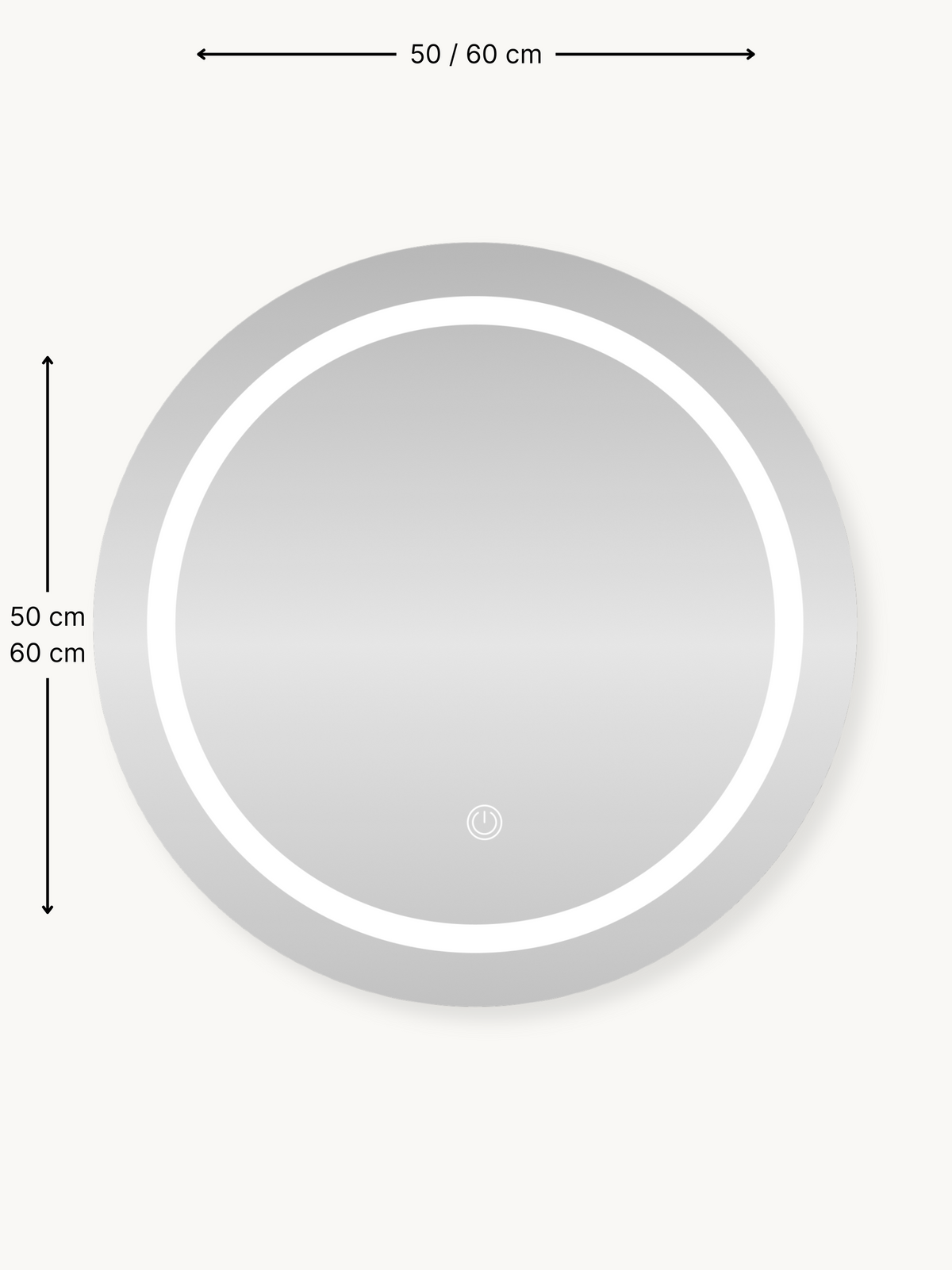 Round LED mirror cabinet size diagram showing 50 cm and 60 cm diameter options with touch power button visible at centre b…