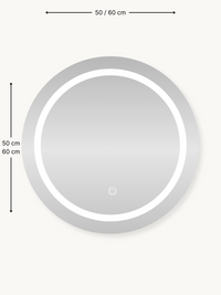 Round LED mirror cabinet size diagram showing 50 cm and 60 cm diameter options with touch power button visible at centre b…