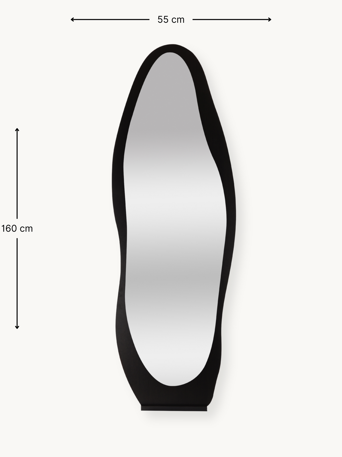 Black asymmetric full-length mirror with wavy wooden frame, front view with dimension annotations showing 160 cm height an…