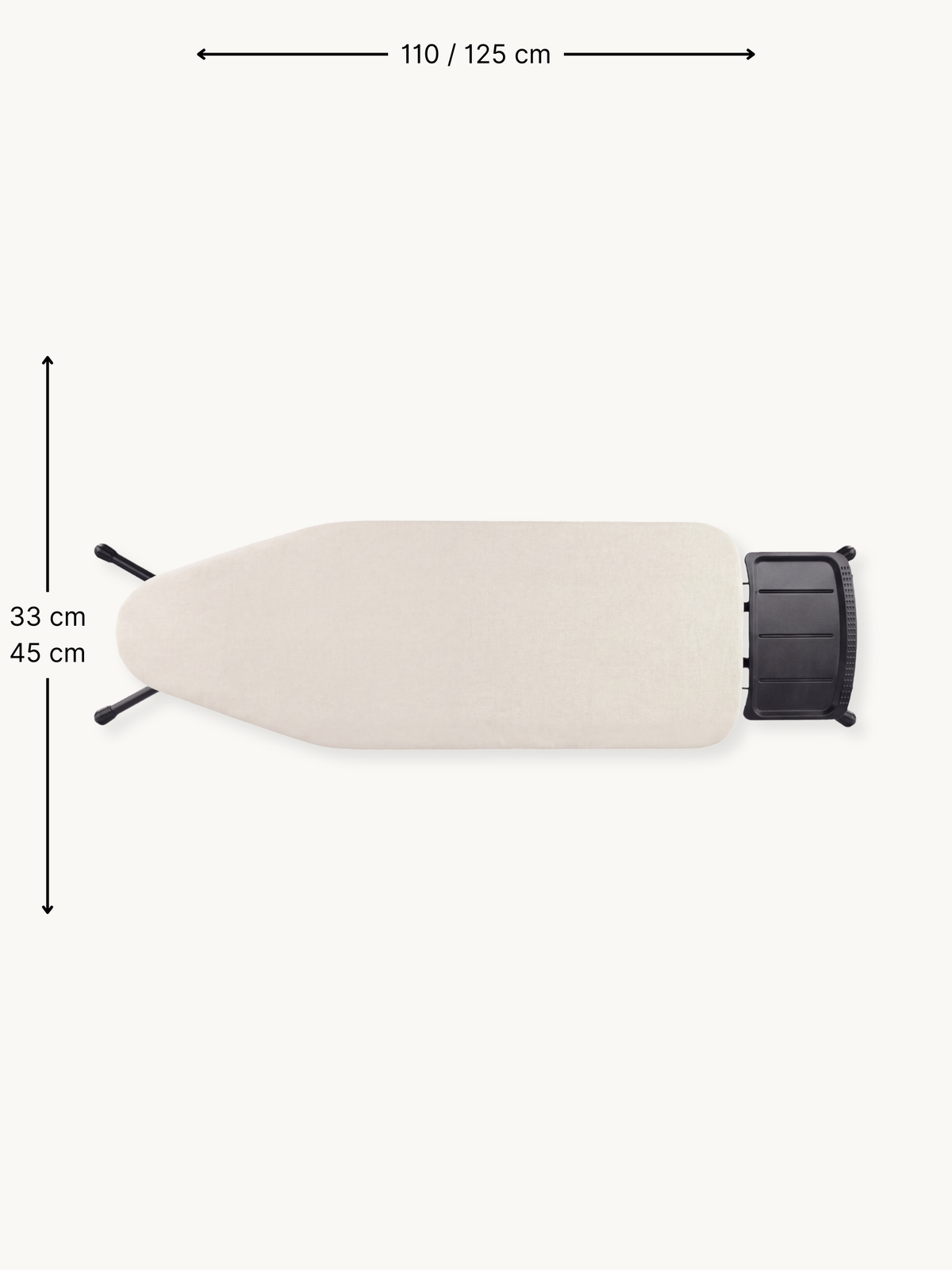 Overhead flat-lay of taupe ironing board with black iron rest holder, showing 110/125 cm length and 33/45 cm width dimensions