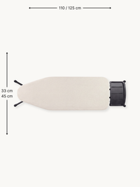 Overhead flat-lay of taupe ironing board with black iron rest holder, showing 110/125 cm length and 33/45 cm width dimensions