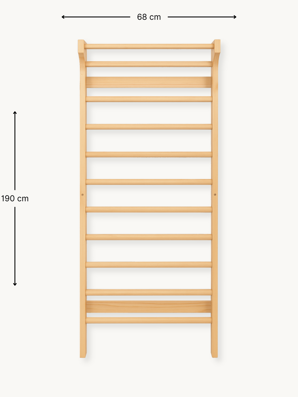 Natural wood wall-mounted climbing frame front view with dimension annotations: 190 cm tall by 68 cm wide