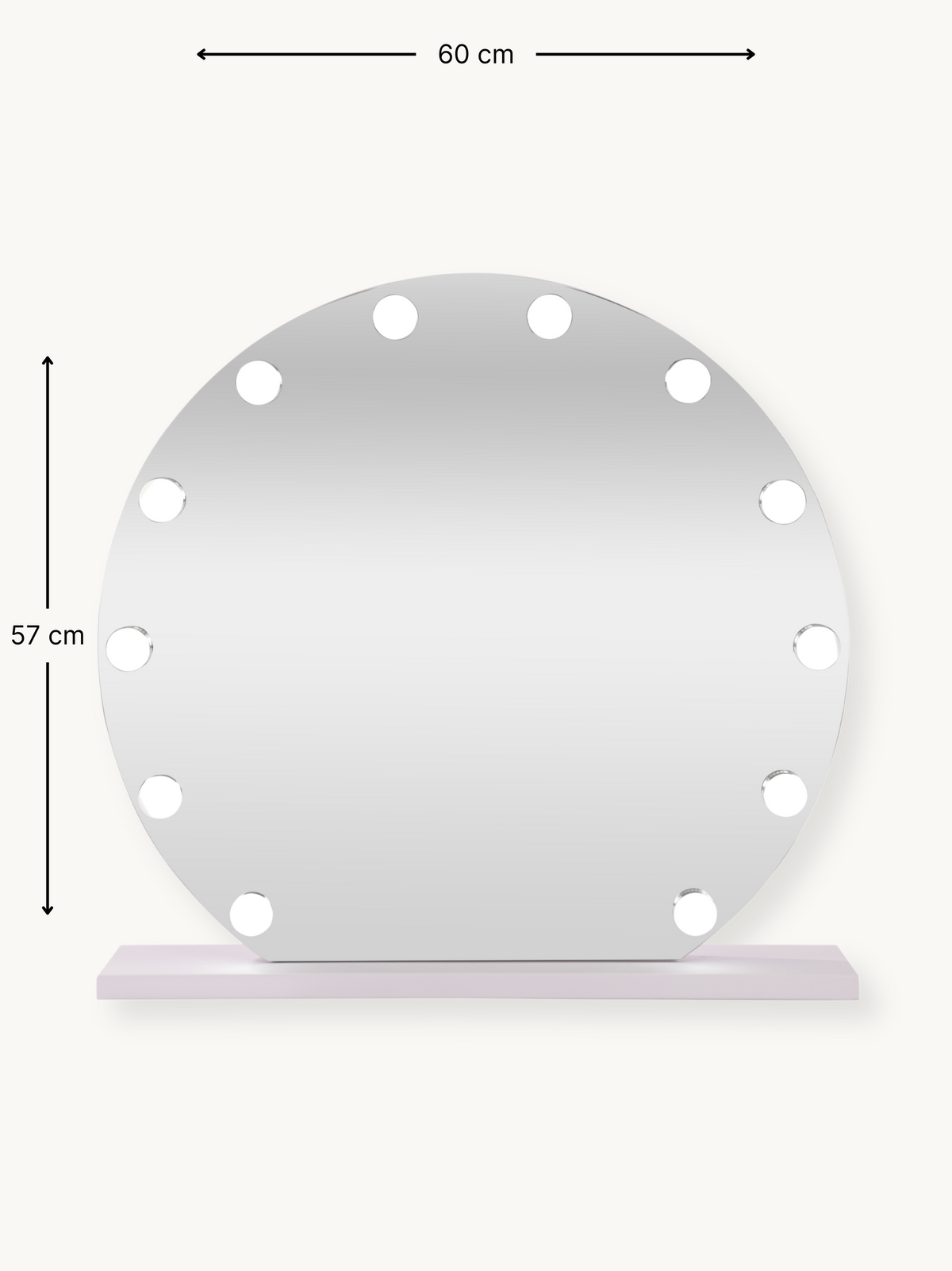 Round white Hollywood vanity mirror with 14 bulb cutouts around edge, dimension annotations showing 60 cm wide by 57 cm ta…