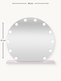 Round white Hollywood vanity mirror with 14 bulb cutouts around edge, dimension annotations showing 60 cm wide by 57 cm ta…