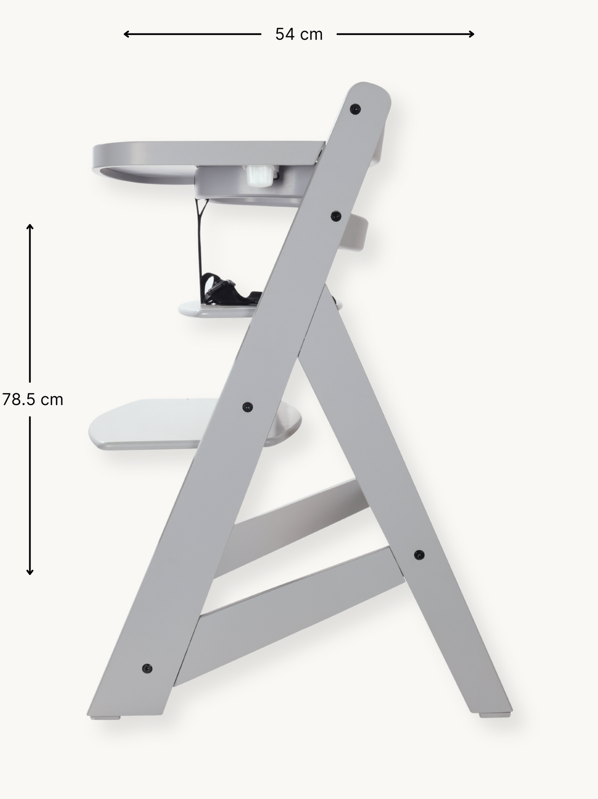 Grey wooden highchair side view with dimension annotations: 54 cm wide, 78.5 cm tall, A-frame legs and attached tray visible