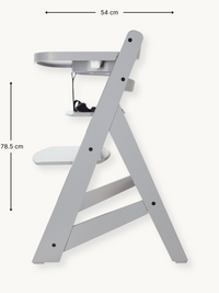 Grey wooden highchair side view with dimension annotations: 54 cm wide, 78.5 cm tall, A-frame legs and attached tray visible