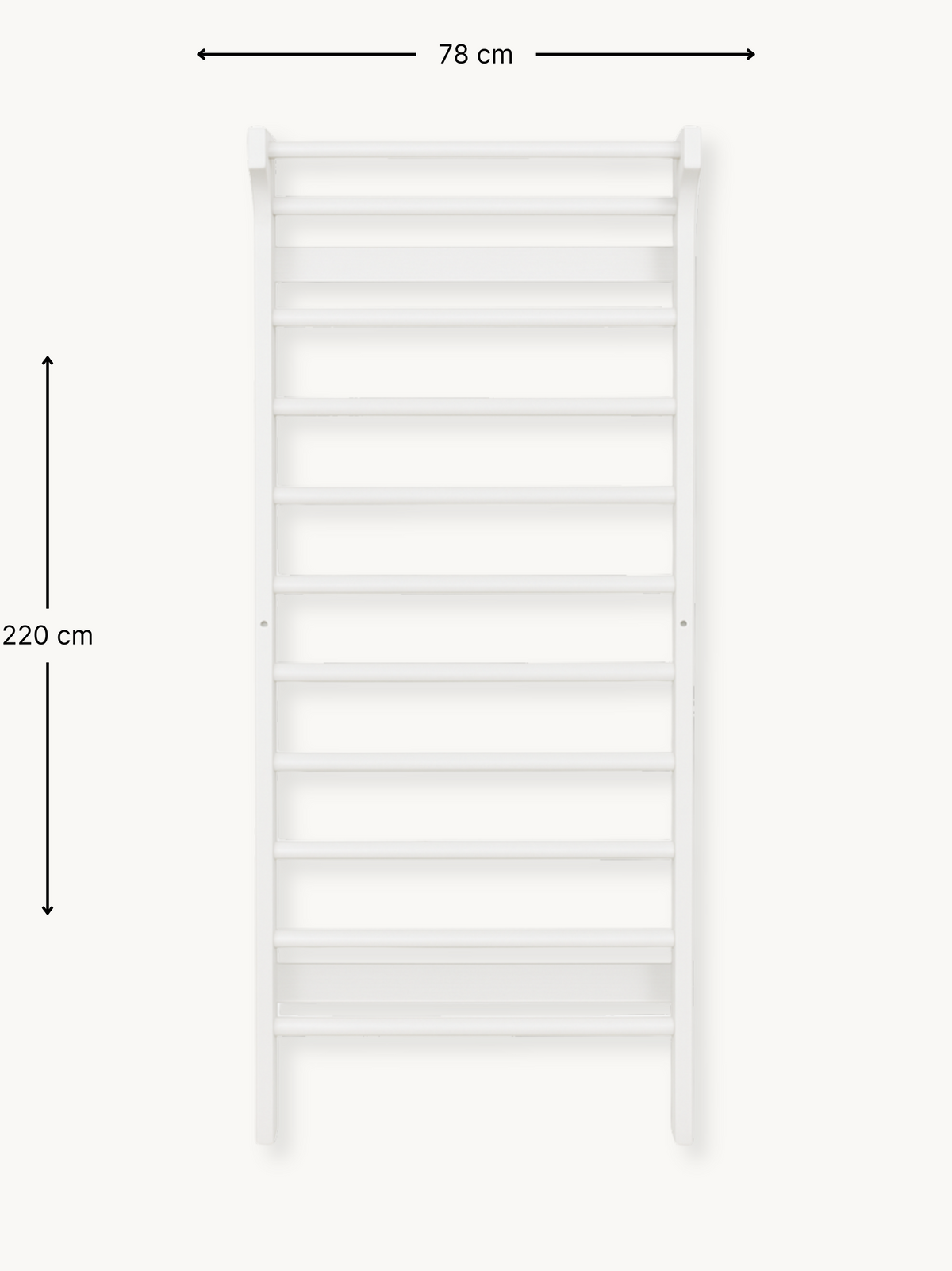 White wooden wall climbing frame front view with dimension annotations showing 220 cm height and 78 cm width