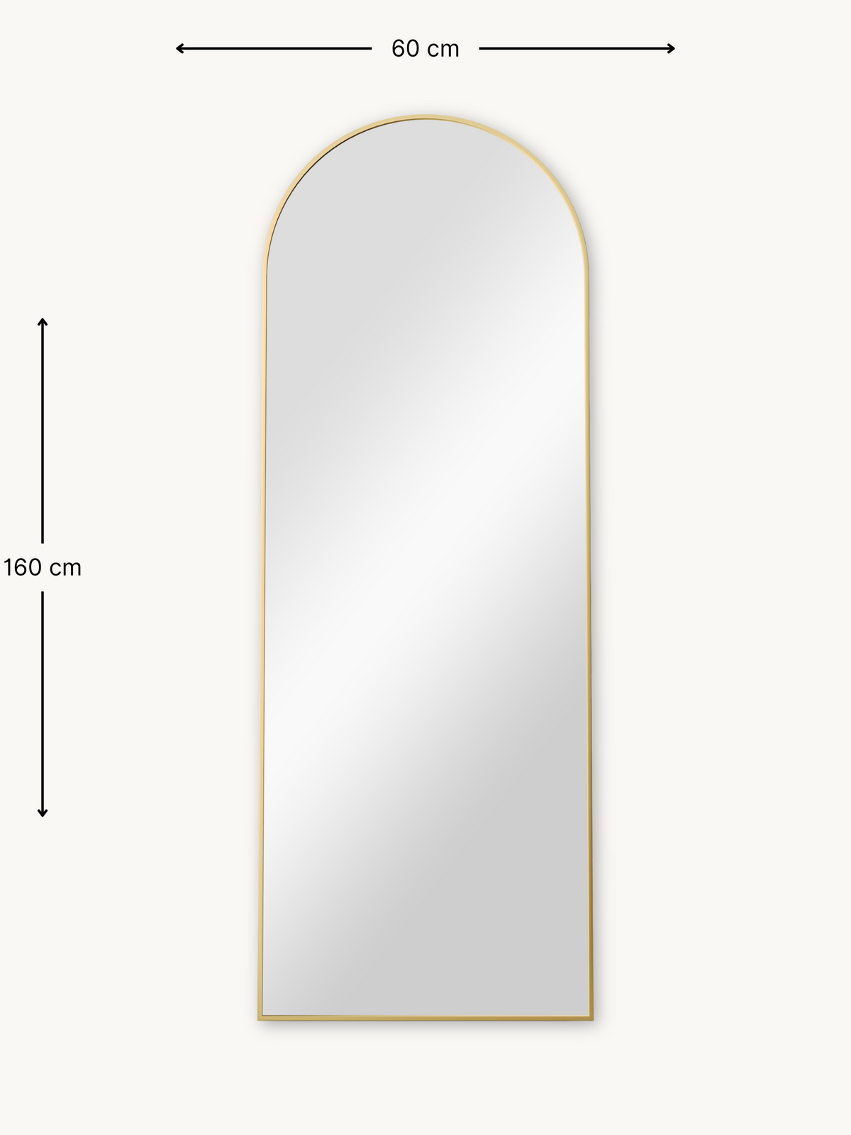 Full-length arched mirror with slim gold aluminium frame on white background, 160×60 cm dimensions annotated