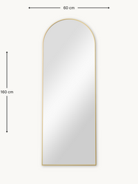 Full-length arched mirror with slim gold aluminium frame on white background, 160×60 cm dimensions annotated