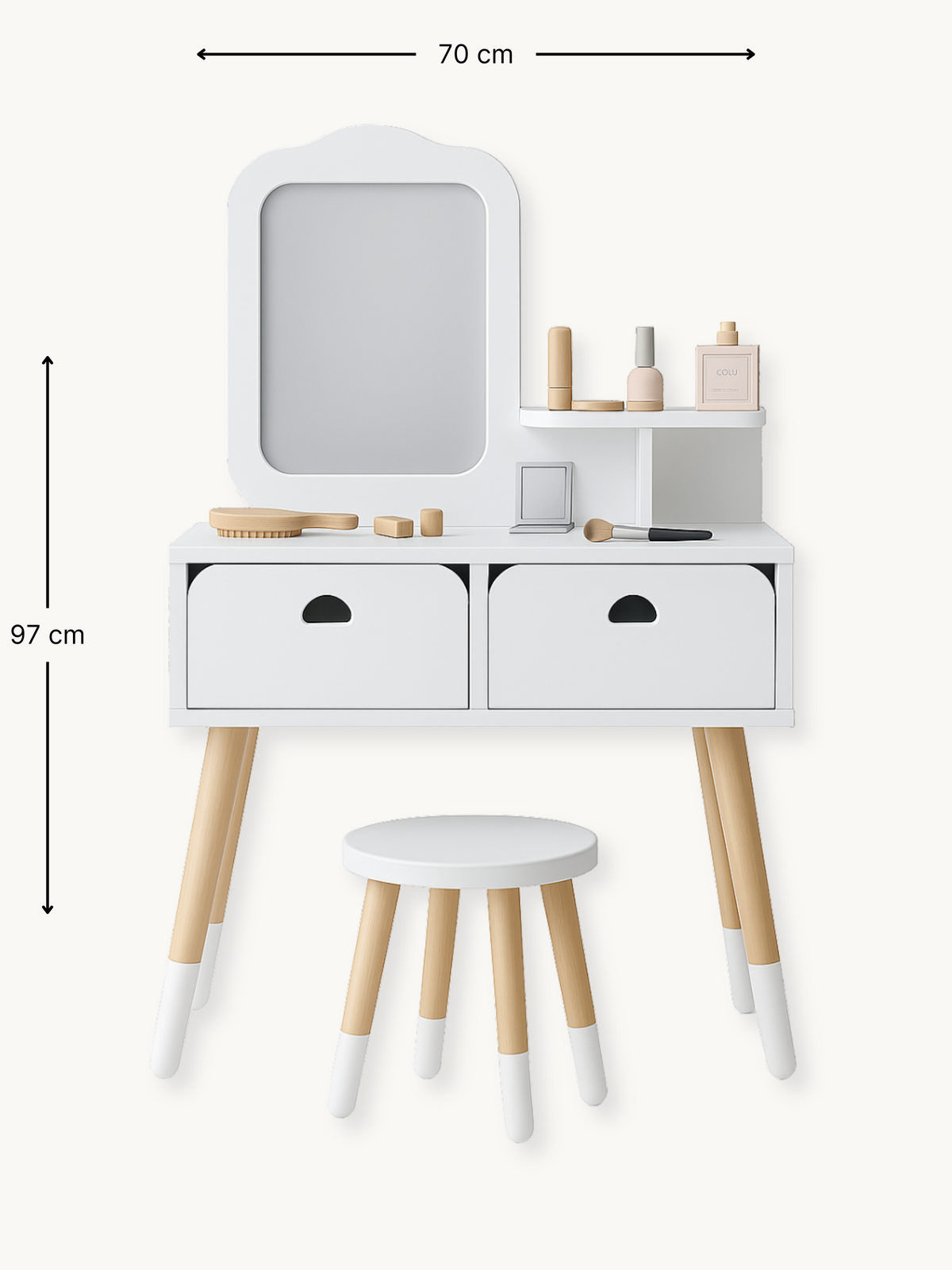 White children's wooden vanity set with dimension annotations showing 70 cm width and 97 cm height, stool included