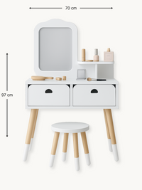 White children's wooden vanity set with dimension annotations showing 70 cm width and 97 cm height, stool included