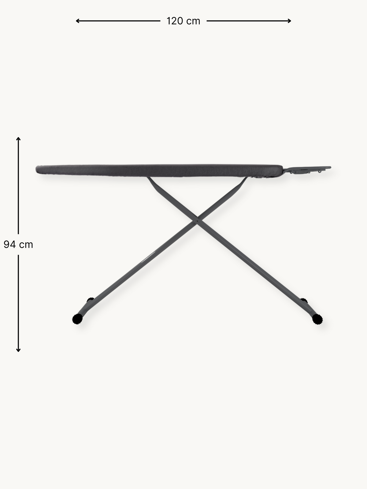 Dark grey ironing board side view with dimension annotations showing 120 cm length and 94 cm height, cross-frame steel leg…