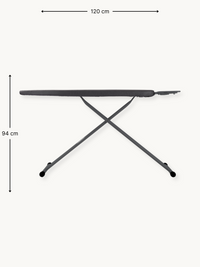 Dark grey ironing board side view with dimension annotations showing 120 cm length and 94 cm height, cross-frame steel leg…