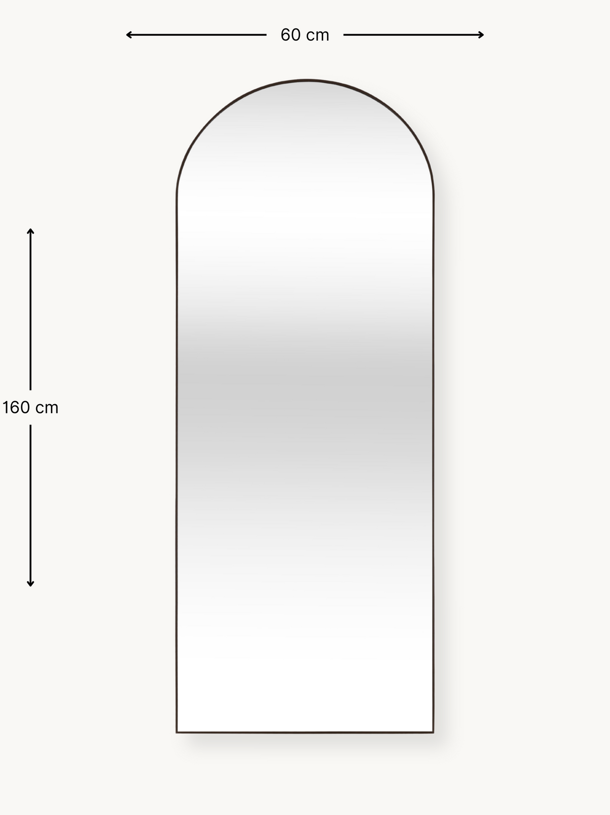 Dimension diagram of arched full-length mirror, 160 cm tall by 60 cm wide, with thin brown frame