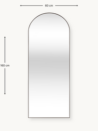 Dimension diagram of arched full-length mirror, 160 cm tall by 60 cm wide, with thin brown frame