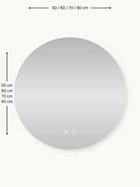 Round frameless LED bathroom mirror size guide showing diameter and height dimensions of 50, 60, 70 and 80 cm options