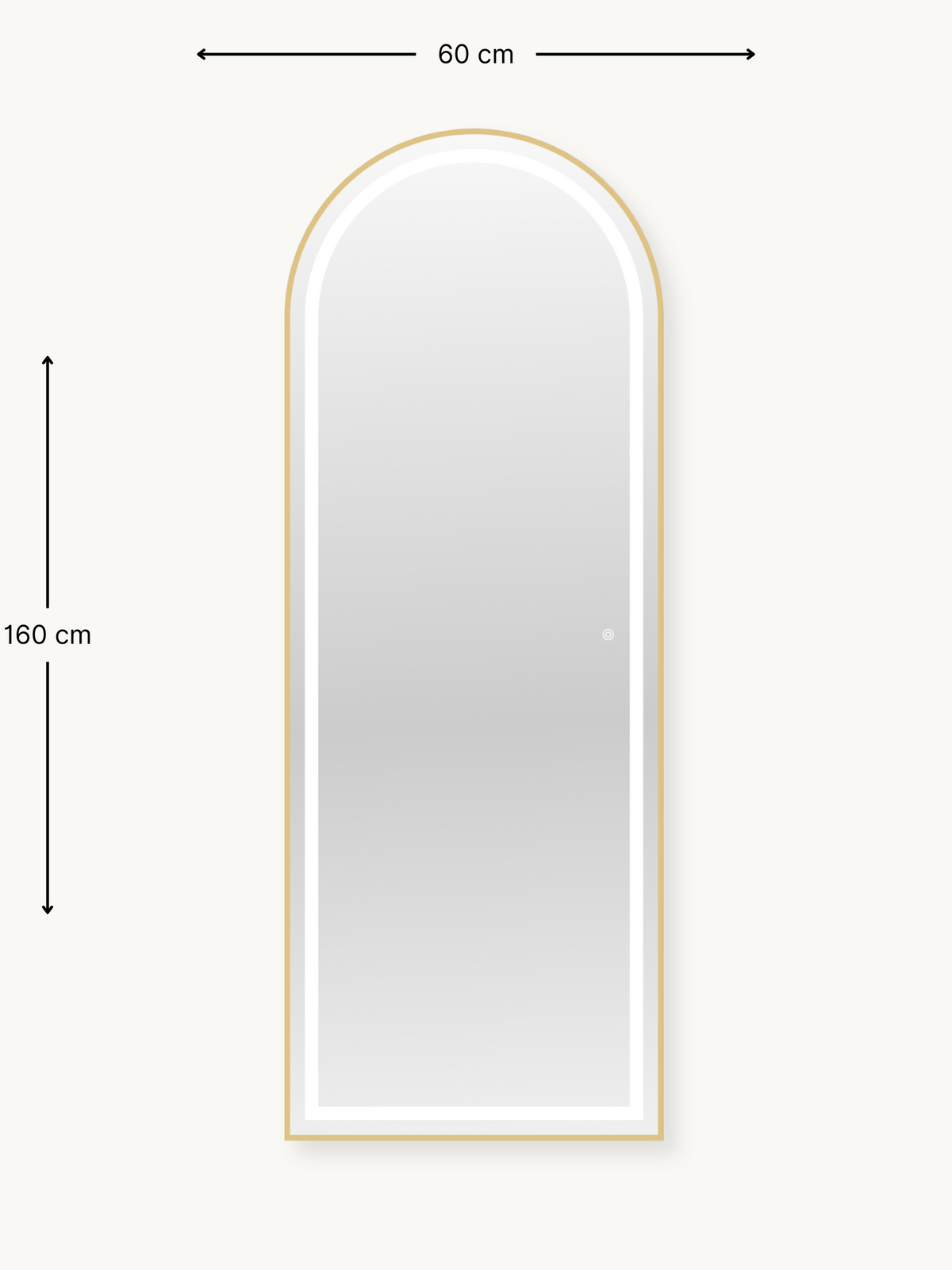 Dimension diagram of 160×60 cm arched full-length mirror, gold aluminium frame, measurement arrows on cream background