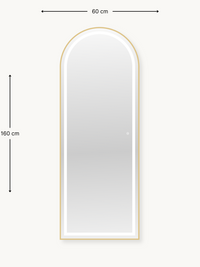 Dimension diagram of 160×60 cm arched full-length mirror, gold aluminium frame, measurement arrows on cream background