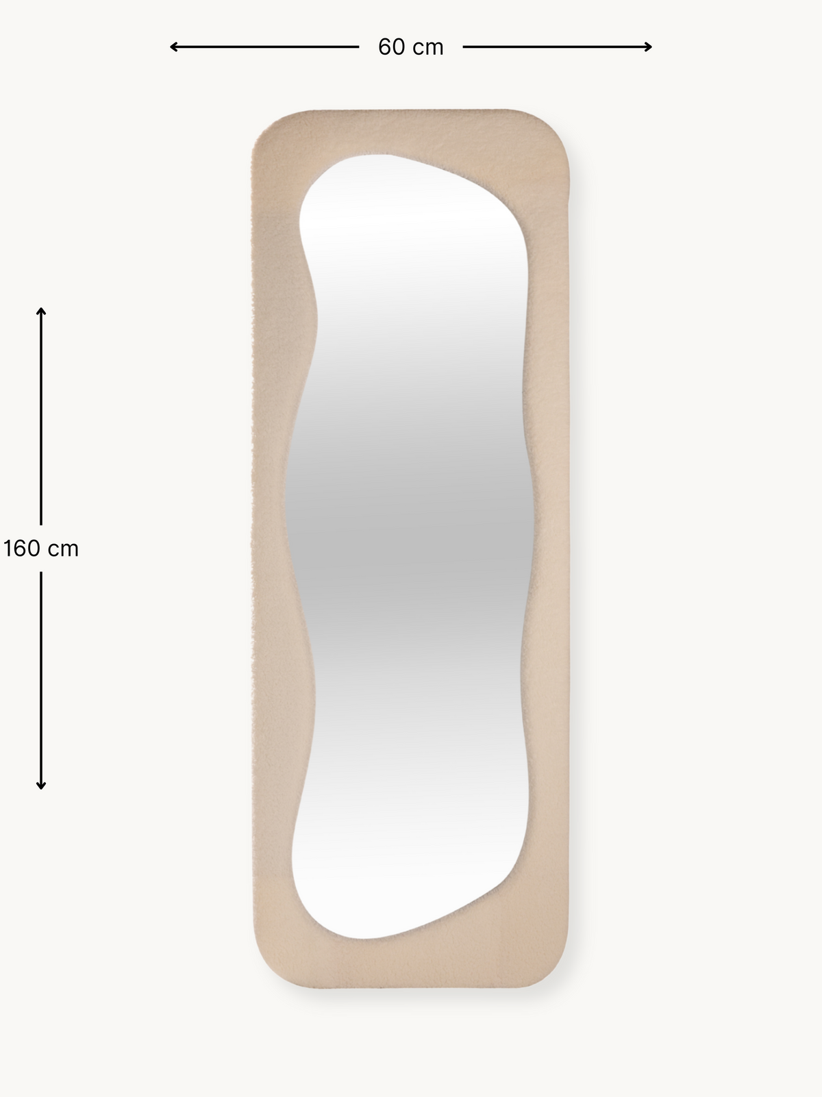 Felis standing mirror dimensions diagram, cream teddy fabric frame, wavy glass, 60 cm wide by 160 cm tall annotations