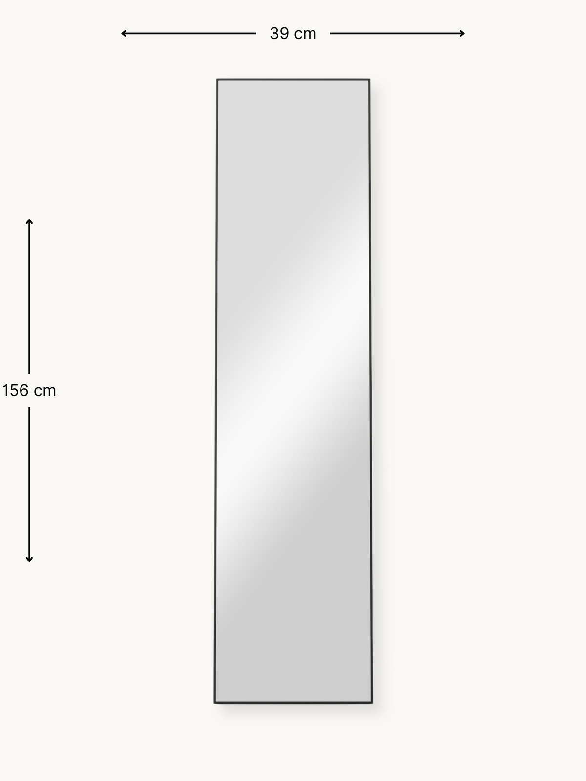 Dimension diagram of the Angelo full-length mirror showing 156 cm height and 39 cm width with measurement arrows