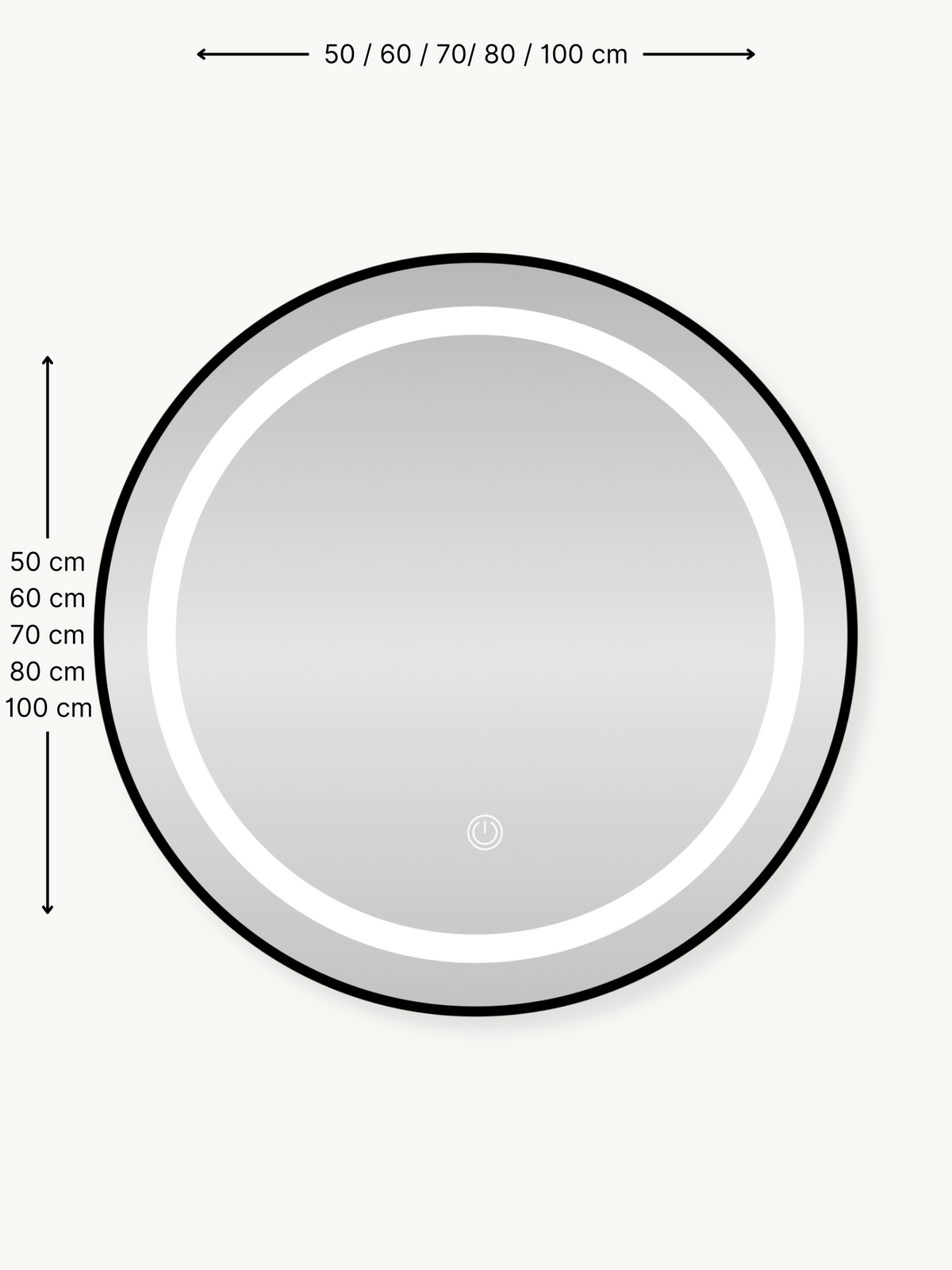 Size guide diagram for round black-framed LED mirror showing diameter options from 50 cm to 100 cm with annotated arrows