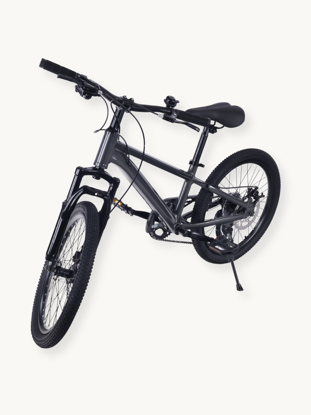 Grey Austin 20-inch kids' mountain bike, angled three-quarter front view, showing suspension fork, disc brakes, knobby tyr…