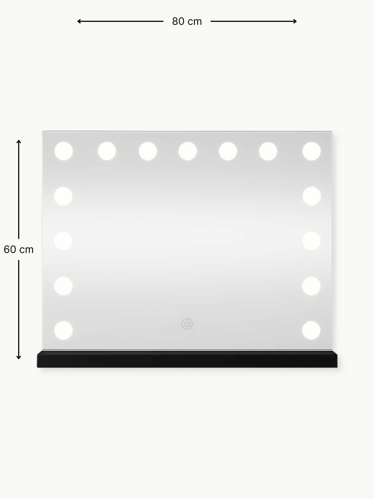 Front view of black Hollywood vanity mirror with 15 lit LED bulbs, dimension annotations showing 80 cm wide by 60 cm tall