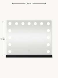 Front view of black Hollywood vanity mirror with 15 lit LED bulbs, dimension annotations showing 80 cm wide by 60 cm tall