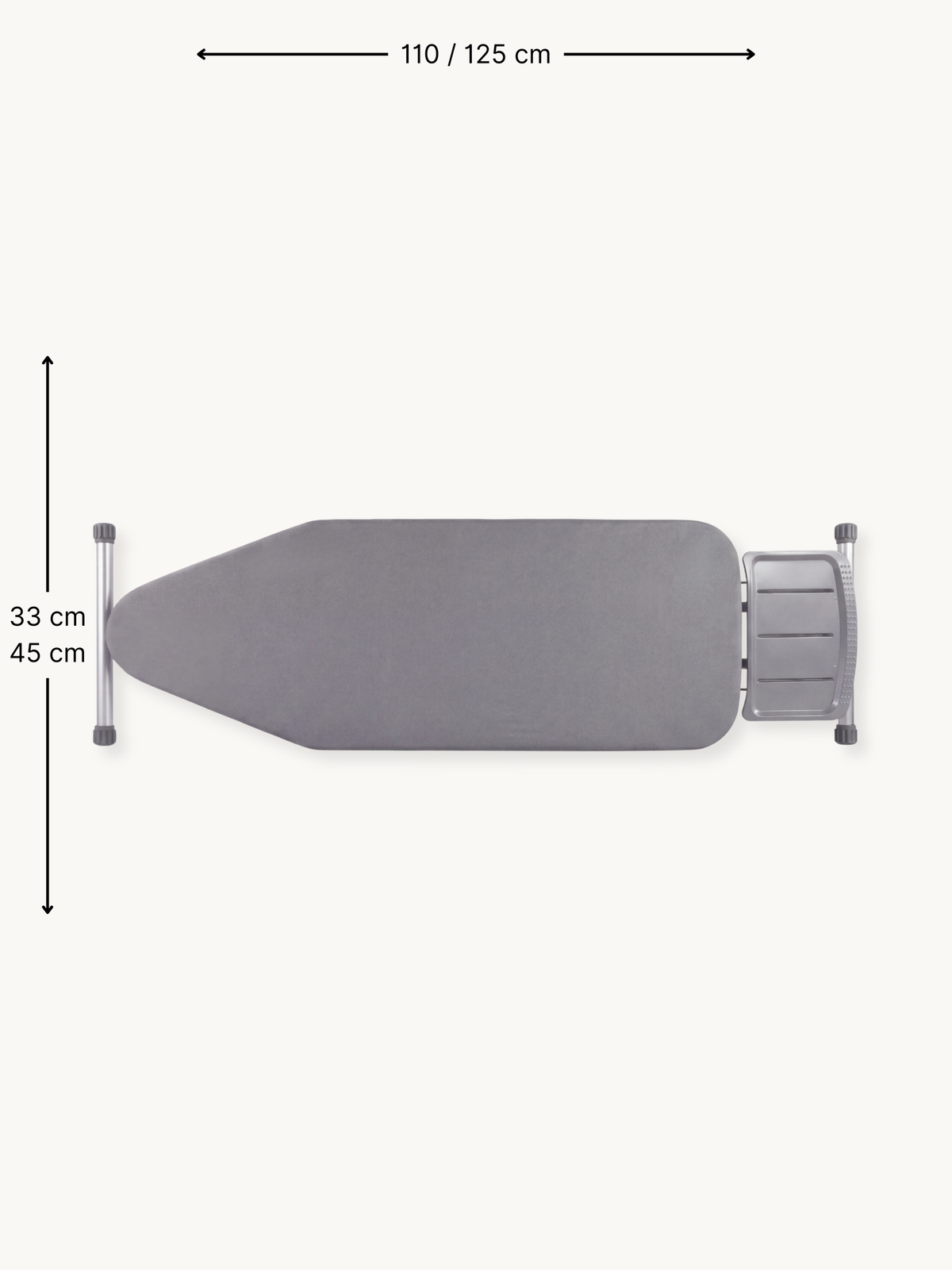 Top-down view of light grey ironing board with dimension annotations: 110/125 cm length and 33/45 cm width options shown
