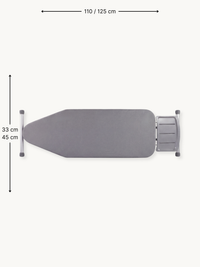 Top-down view of light grey ironing board with dimension annotations: 110/125 cm length and 33/45 cm width options shown