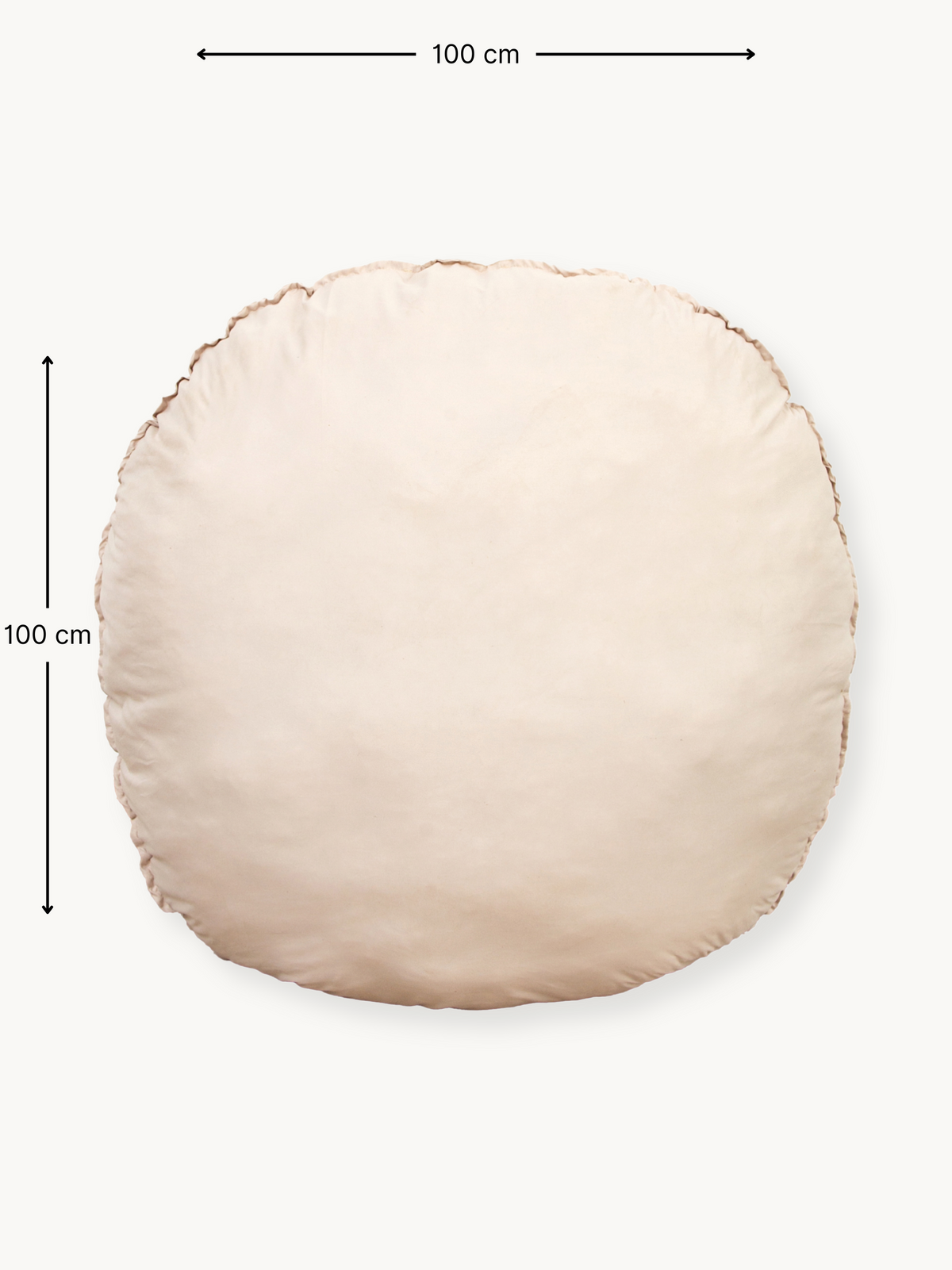 Overhead flat-lay of round cream white 100 cm floor cushion with dimension arrows showing 100 x 100 cm size