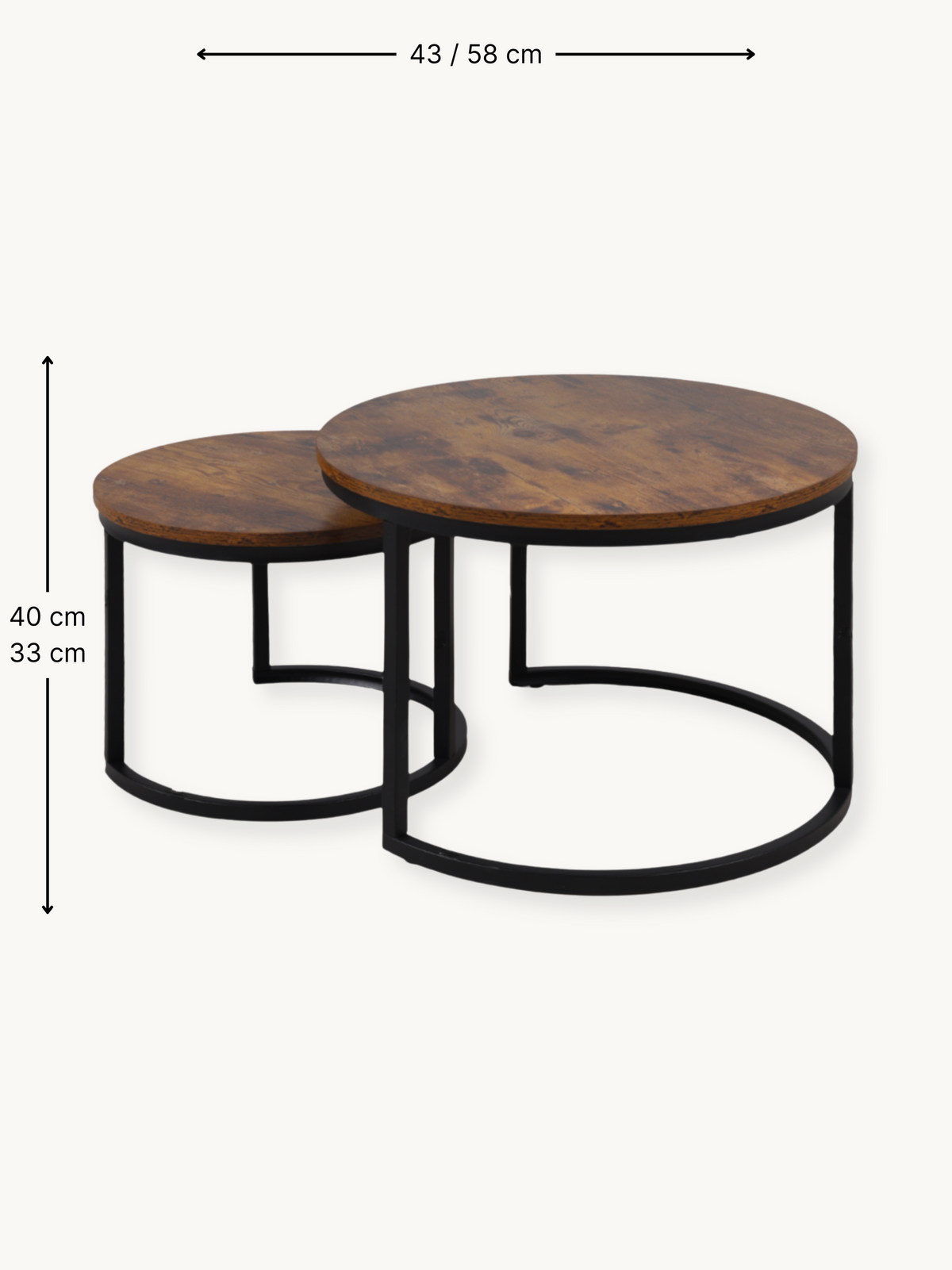 Dimension diagram of two round nesting tables showing 58x40 cm large and 43x33 cm small, brown wood tops, black steel bases