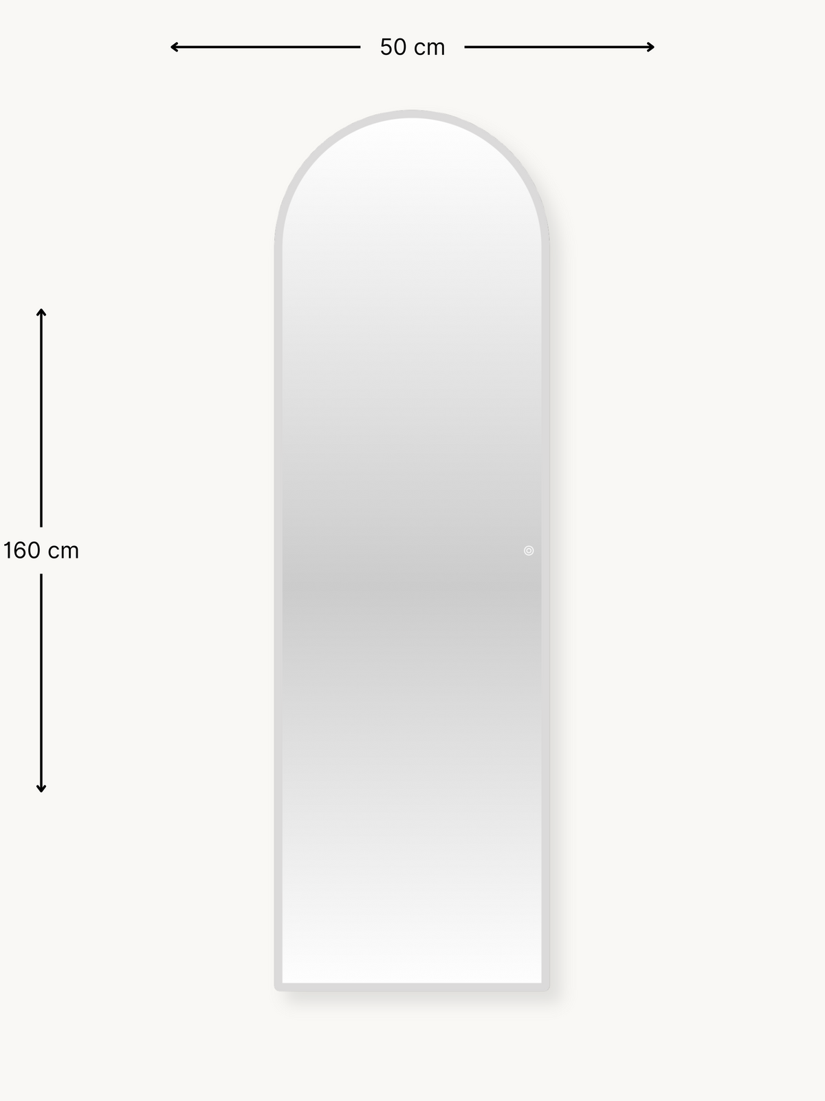 Arched frameless full-length mirror shown front-on with dimension annotations: 50 cm wide, 160 cm tall, off-white background