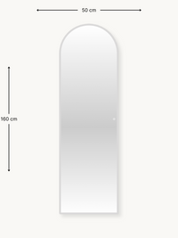 Arched frameless full-length mirror shown front-on with dimension annotations: 50 cm wide, 160 cm tall, off-white background