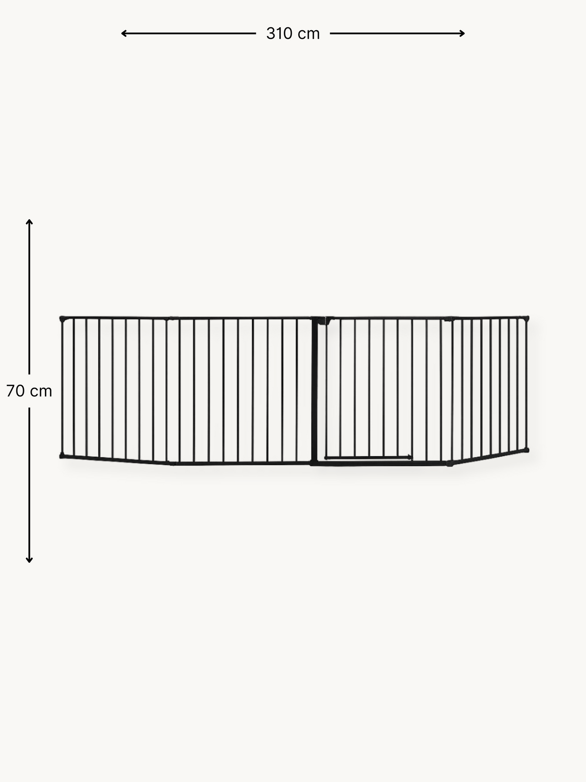 Black metal safety gate shown flat with dimension annotations: 310 cm wide by 70 cm tall