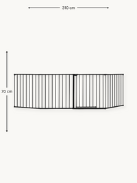 Black metal safety gate shown flat with dimension annotations: 310 cm wide by 70 cm tall