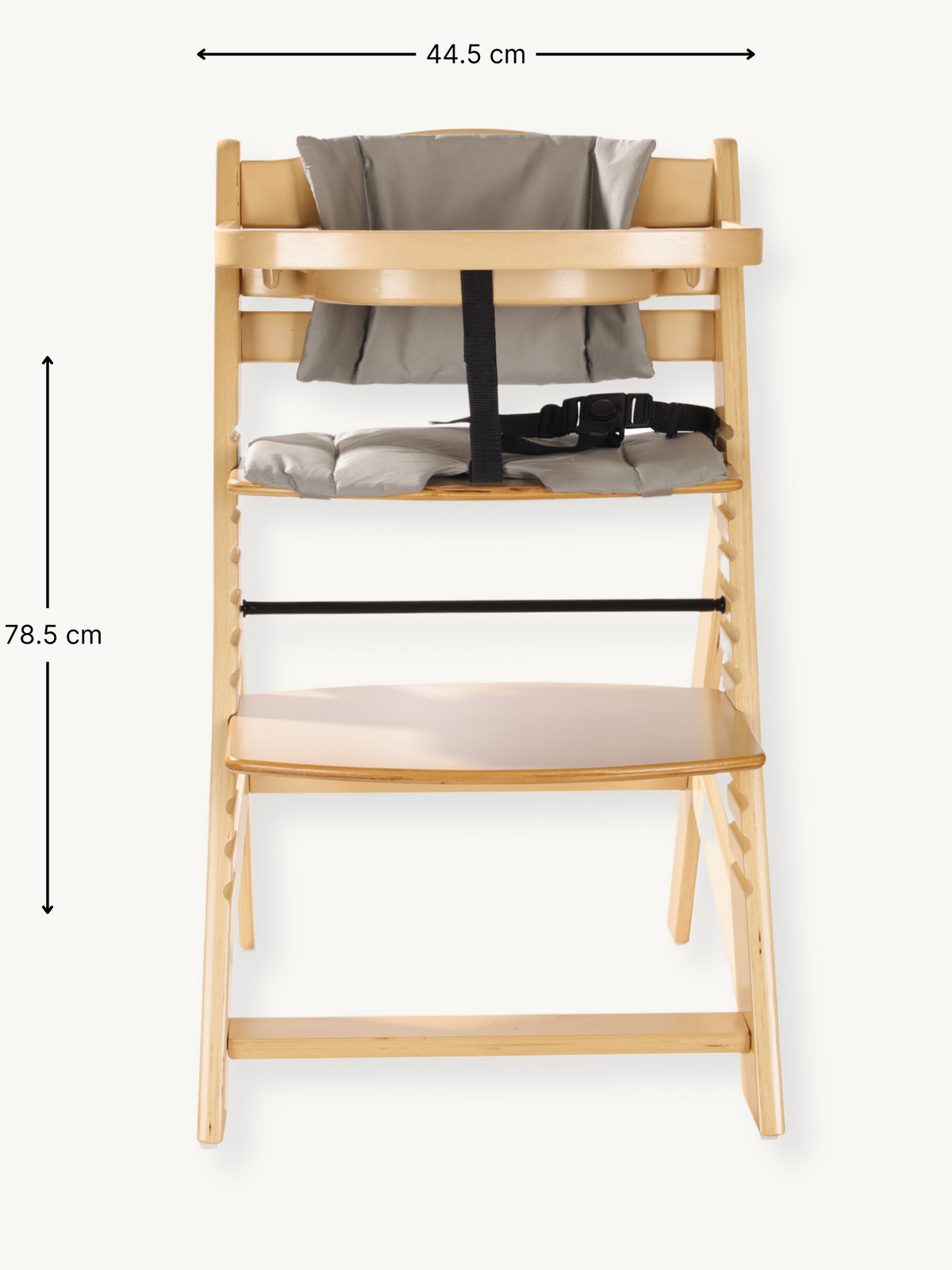 Natural wood highchair front view with dimension annotations: 44.5 cm width and 78.5 cm height, grey cushion and black har…