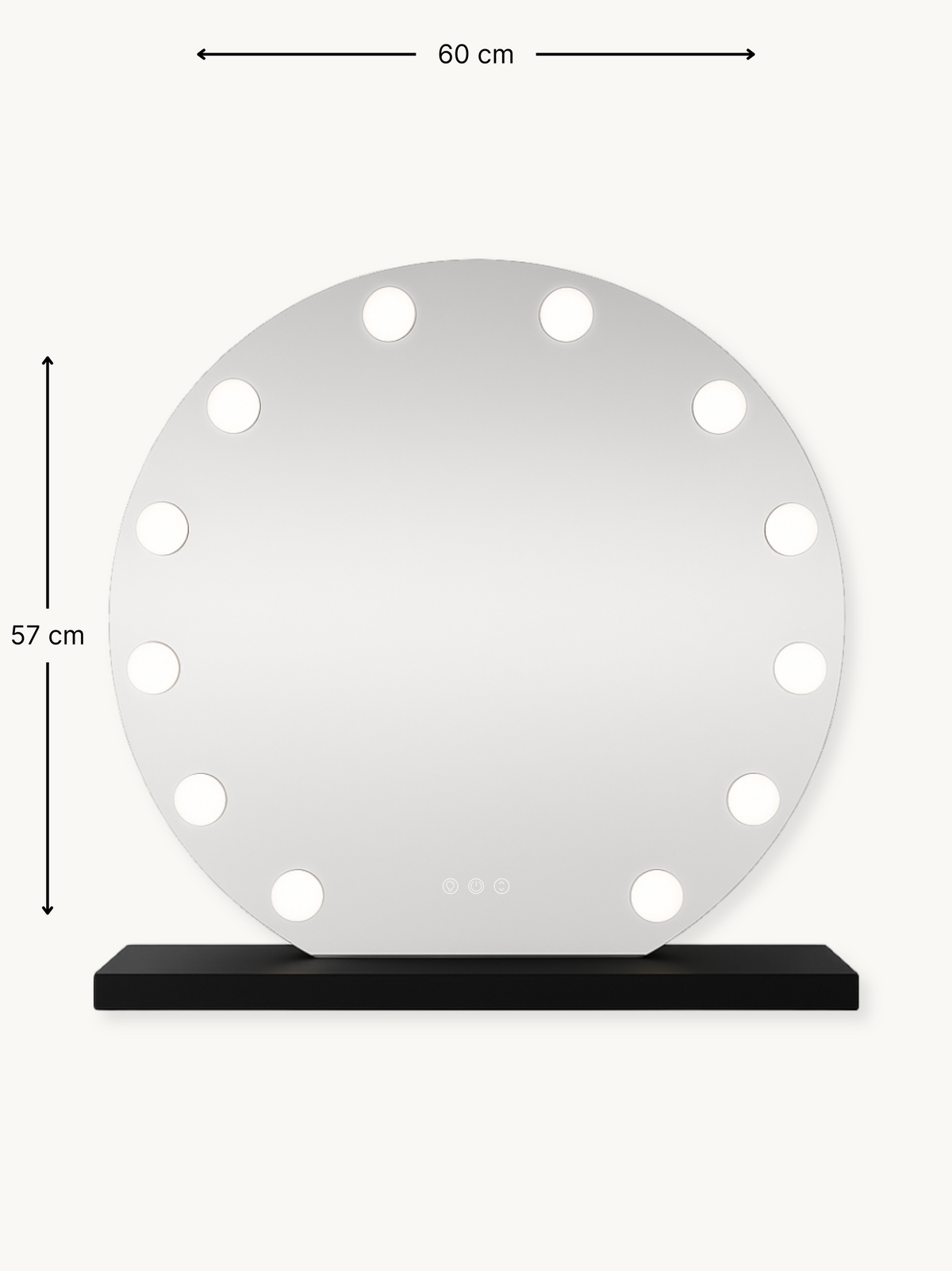 Dimension diagram of round Hollywood vanity mirror, 60 cm wide and 57 cm tall, black base, 14 surround bulbs, front view