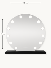 Dimension diagram of round Hollywood vanity mirror, 60 cm wide and 57 cm tall, black base, 14 surround bulbs, front view