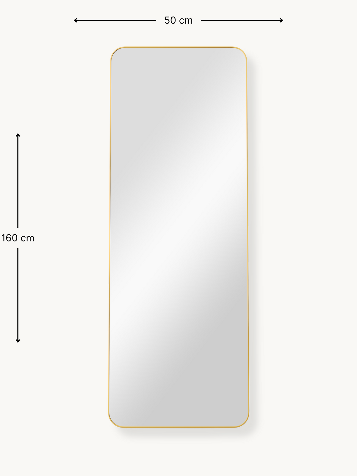 Dimension diagram of full-length mirror with gold rounded-corner frame, annotated 50 cm wide and 160 cm tall