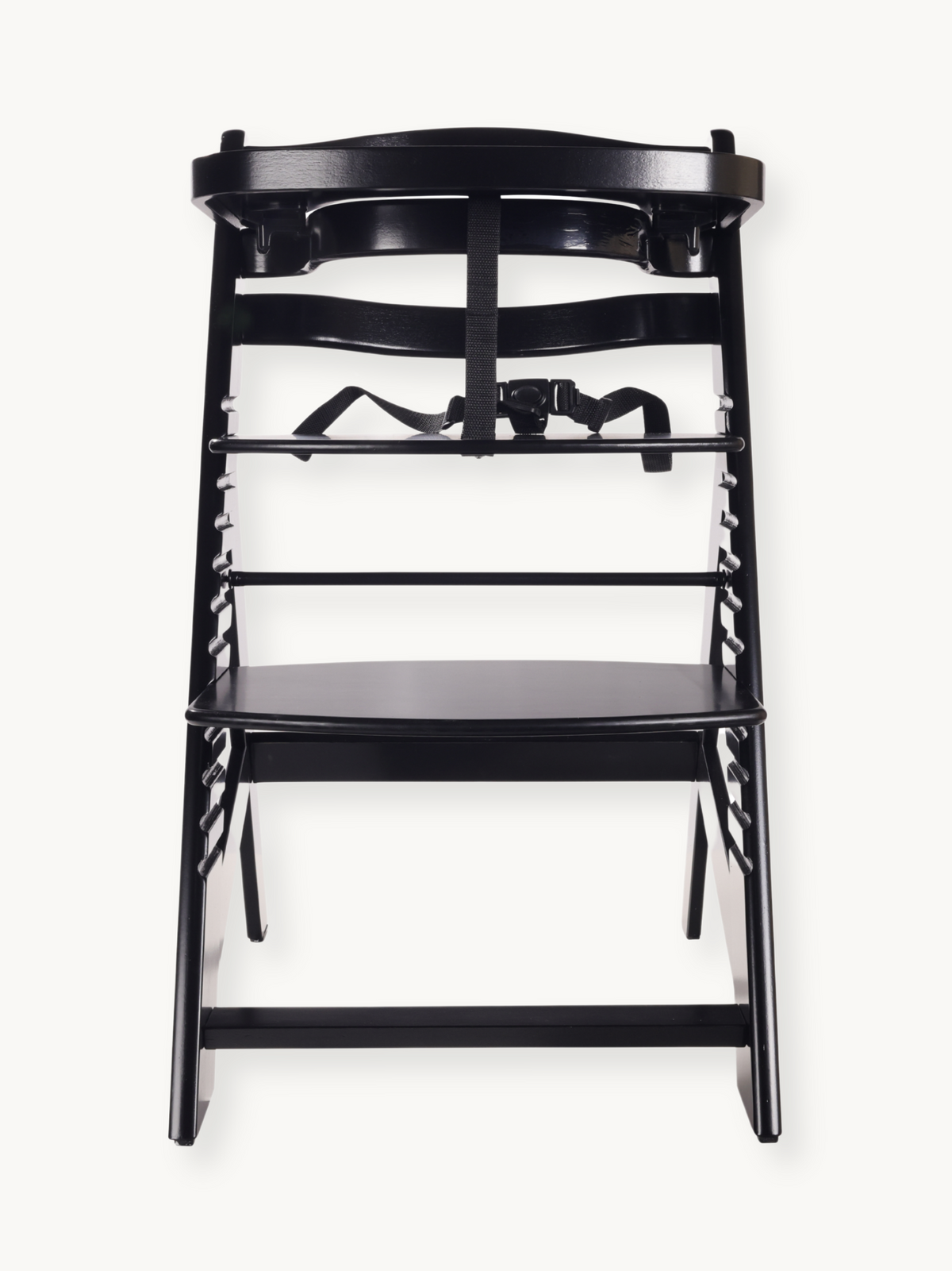 Black wooden highchair front view, no cushion, black safety harness visible at seat level, adjustable rails on sides, A-fr…