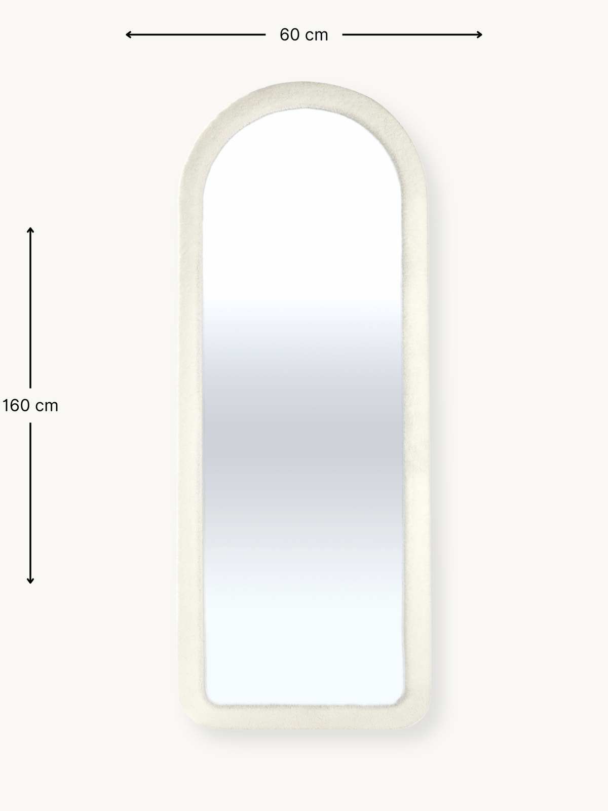 White teddy fabric arched full-length mirror front view with dimension annotations showing 160 cm height and 60 cm width