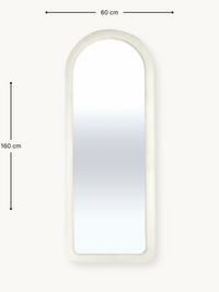 White teddy fabric arched full-length mirror front view with dimension annotations showing 160 cm height and 60 cm width