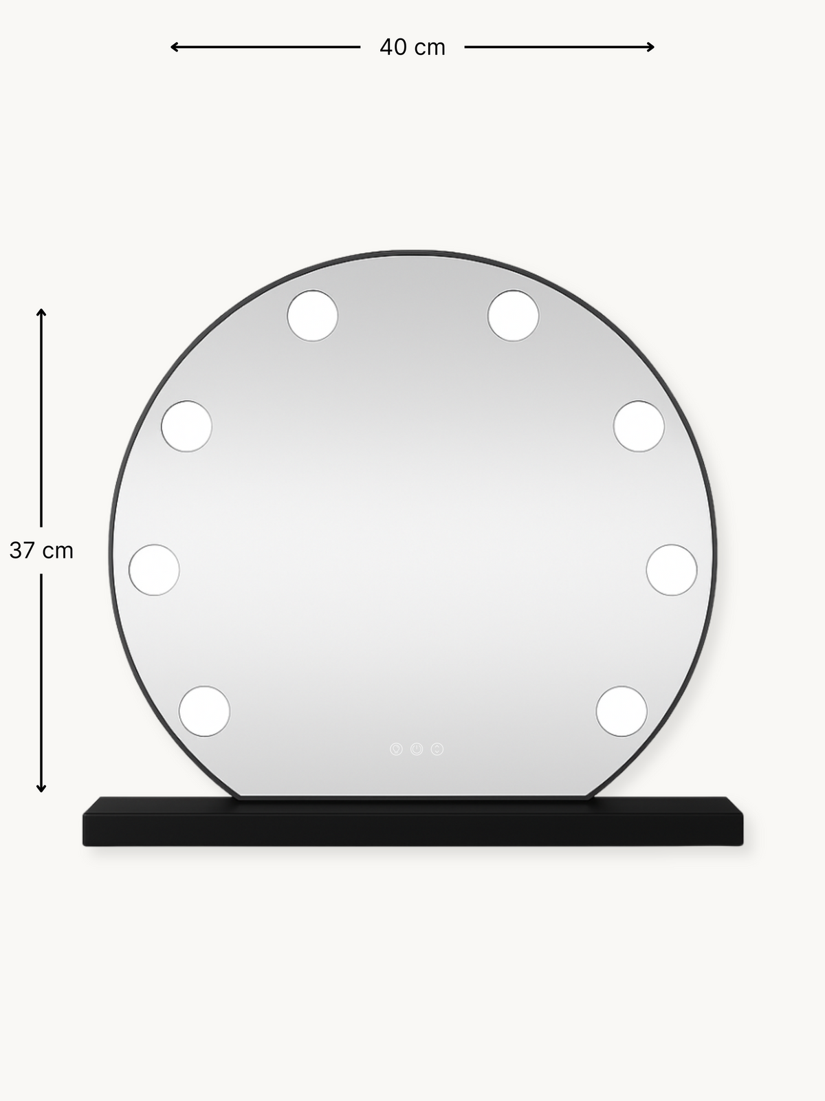 Dimension diagram of black round Hollywood vanity mirror, 40 cm wide by 37 cm tall, with 10 bulb positions visible, on bla…